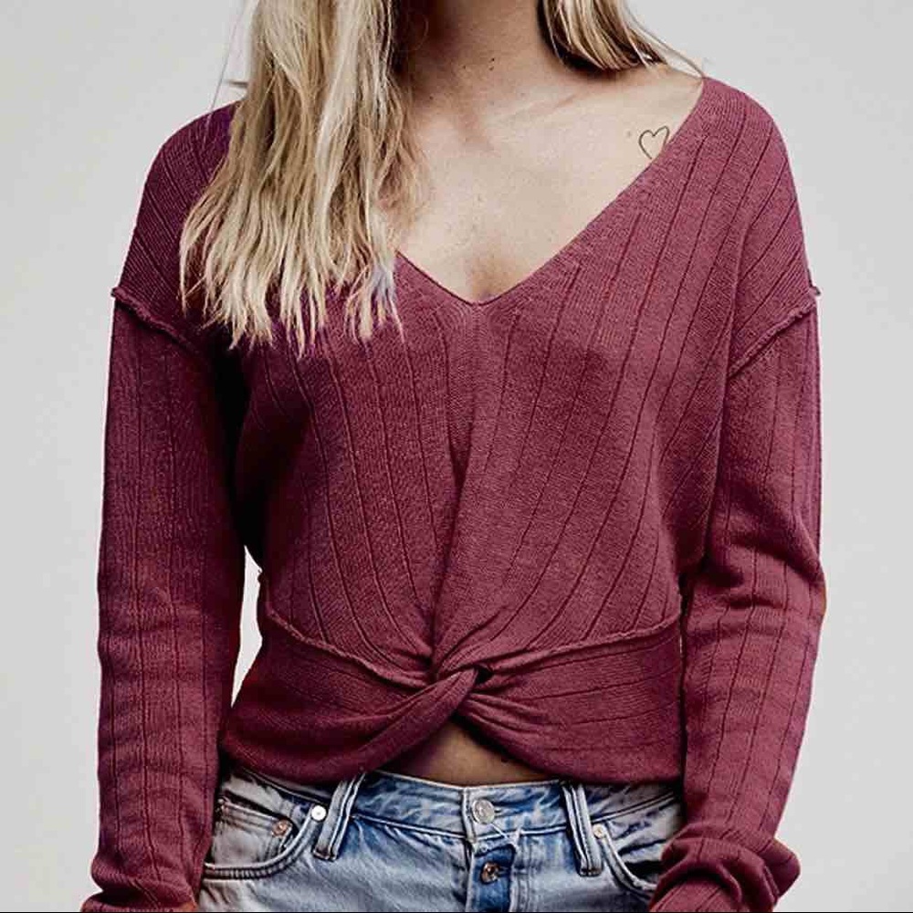 FREE PEOPLE Got Me Twisted V-neck Sweater Wine - Picture 1 of 6